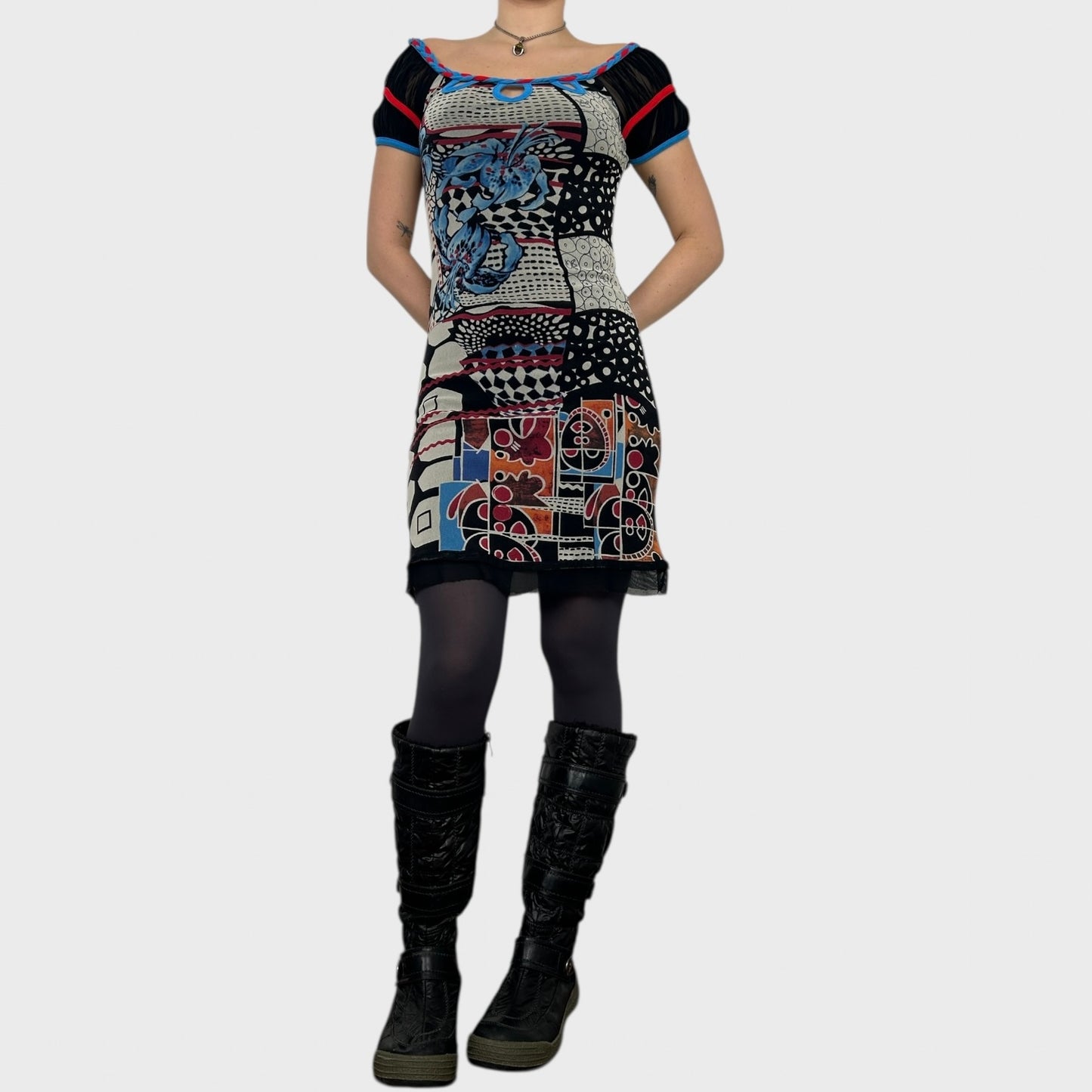 Save the Queen Graphic Mesh Mini Dress - S