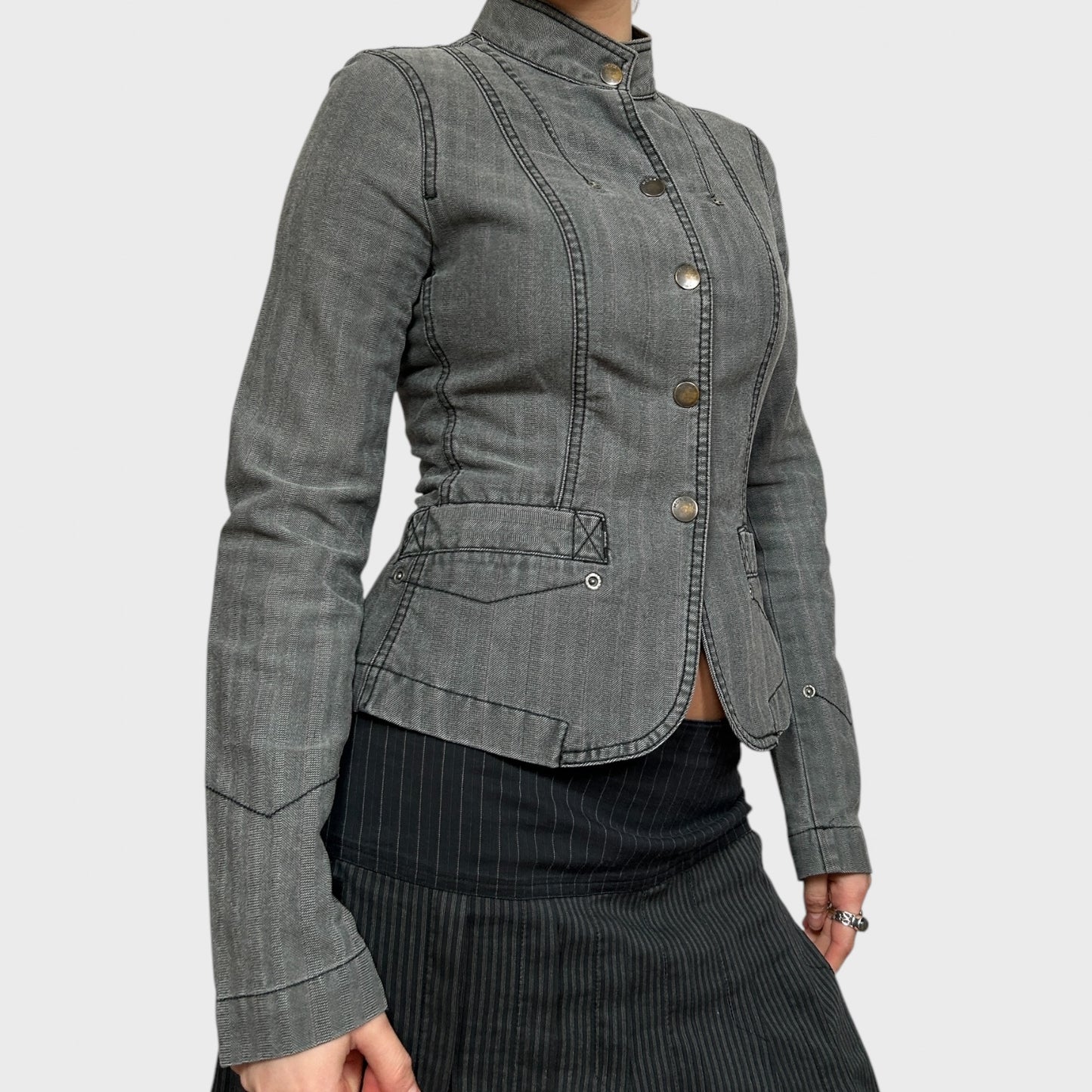 Vintage Grey Fitted Button High Neck Jacket