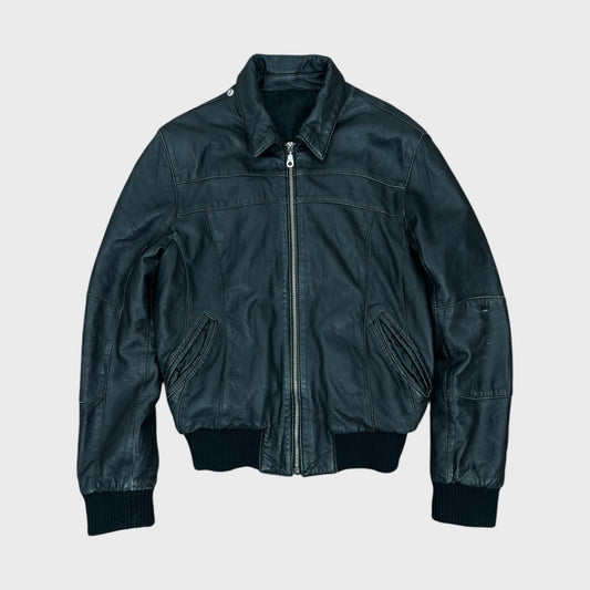 Vintage Black Leather Bomber Jacket - M