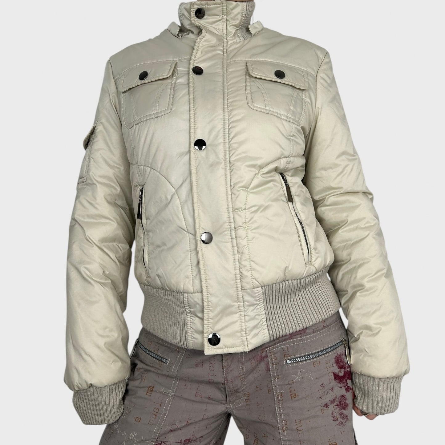 Vintage Cream Zip-Up Bomber Jacket - M