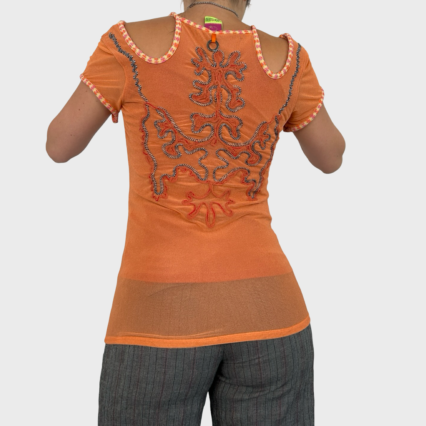Save The Queen Orange Graphic Floral Mesh Top - M