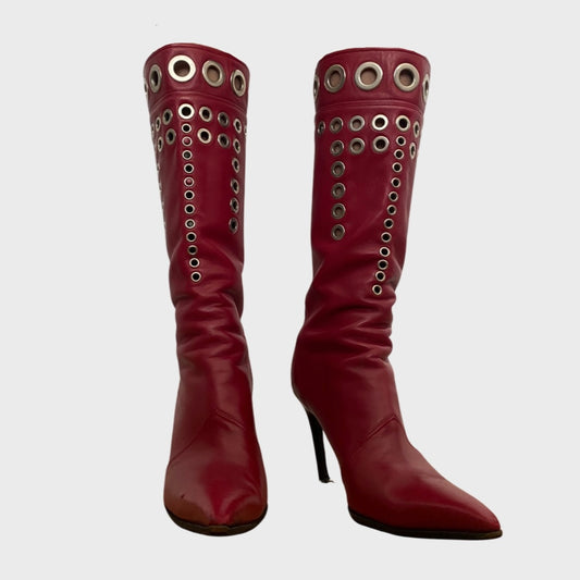 Vintage burgundy leather eyelet pointed boots