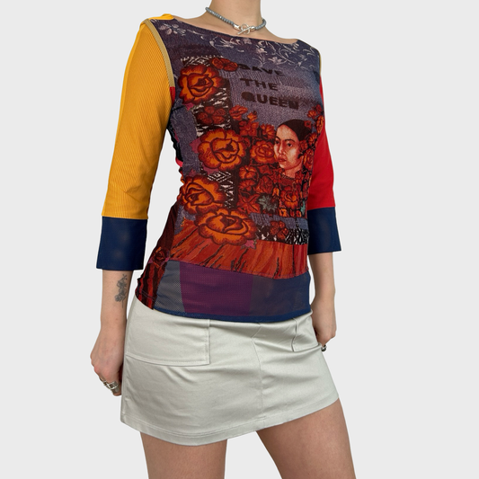 Save the Queen Graphic Face Print Mesh Top - S/M