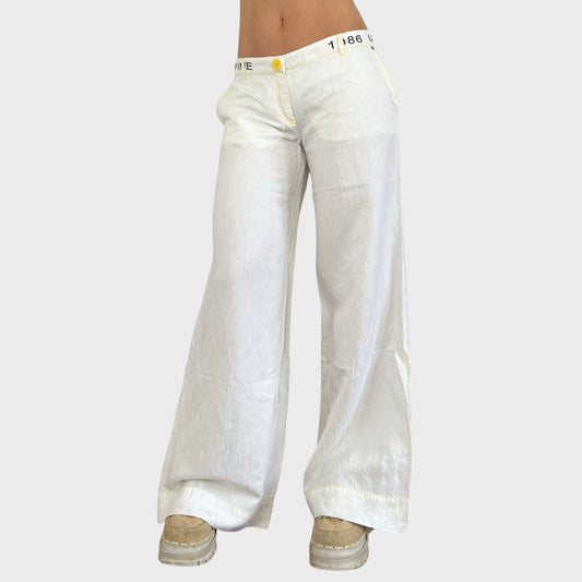 Cop Copine White & Yellow Wide Leg Linen Trousers - L