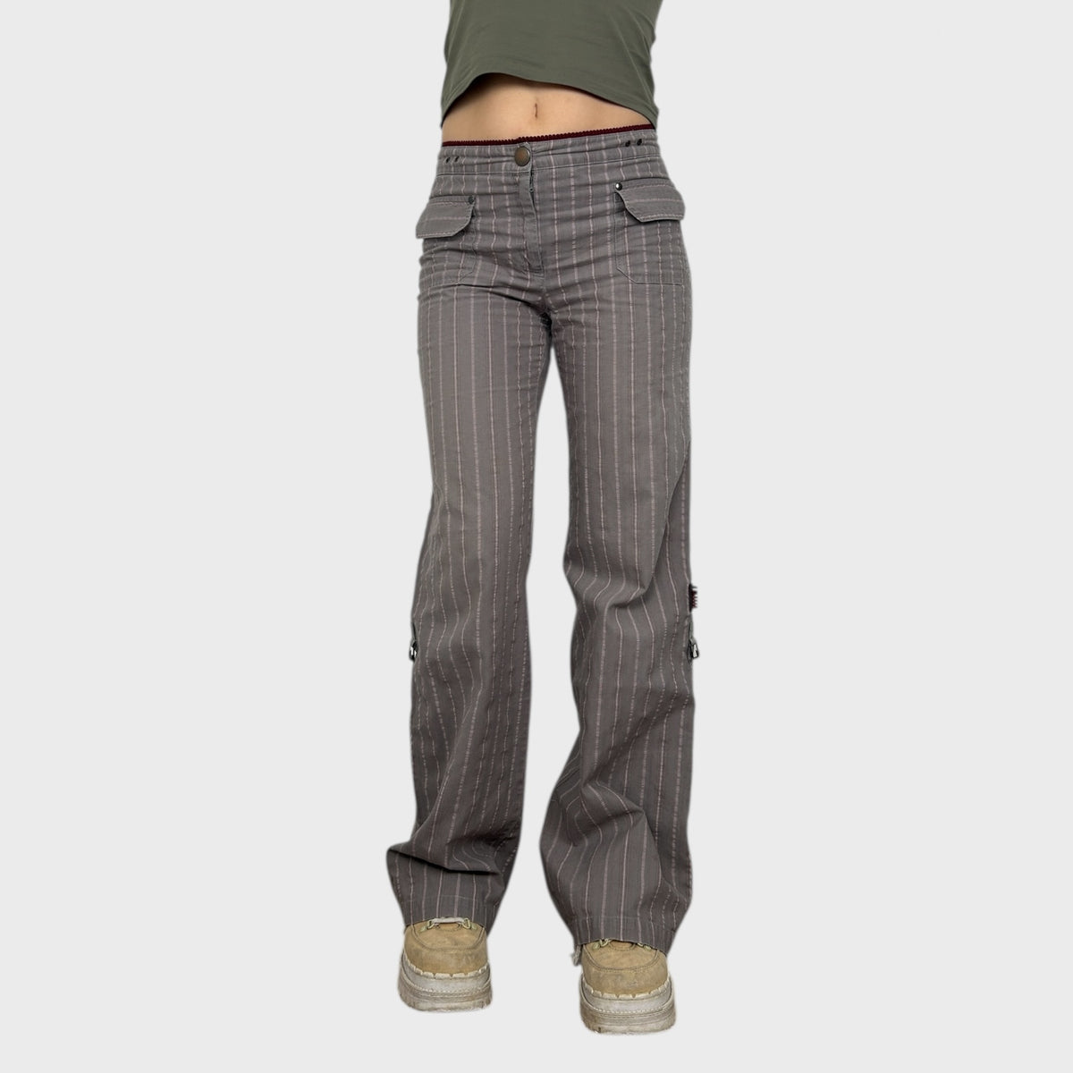 Cop Copine Grey & Pink Pinstripe Trousers - M