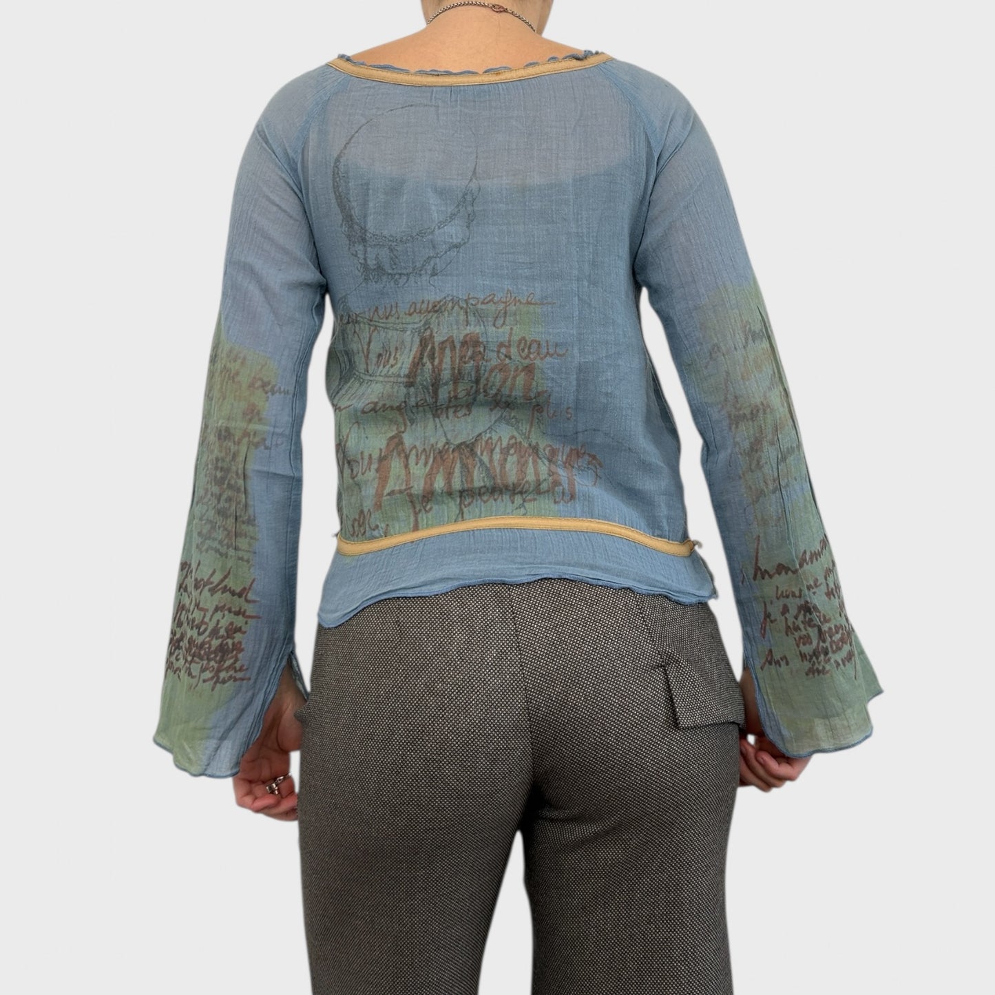 Cop Copine Blue Sheer Renaissance Portrait Print Top - S