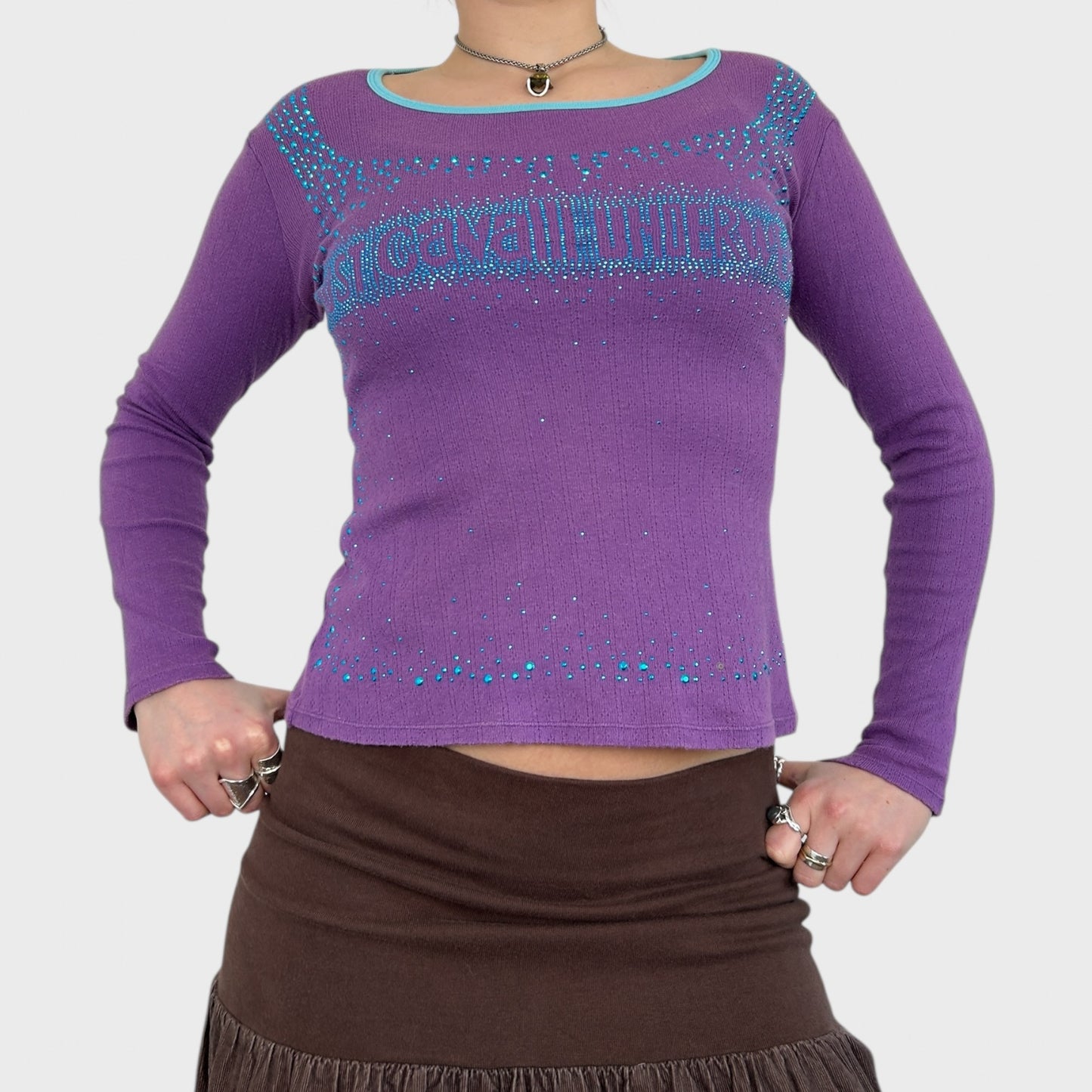 Roberto Cavalli Pointelle Knit Diamante Logo Top - S