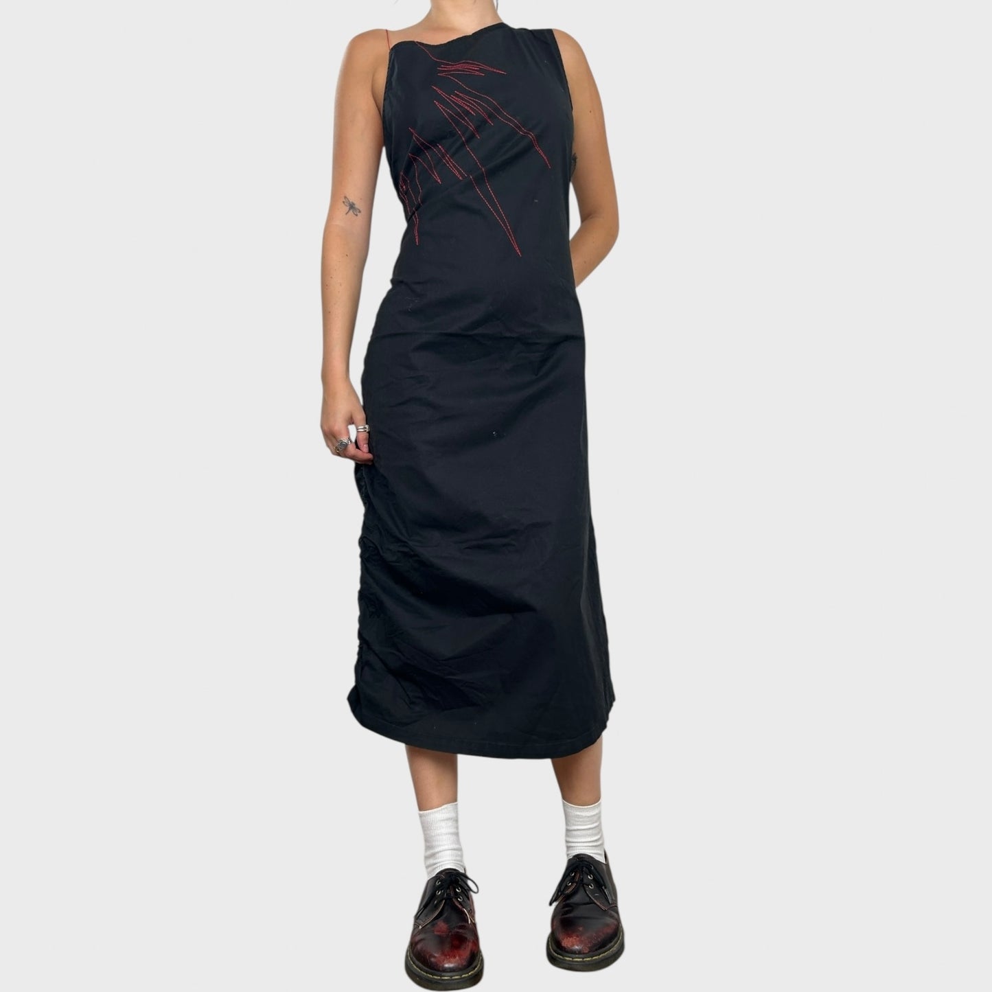 Cop Copine Black and Red Ruched Dress - L
