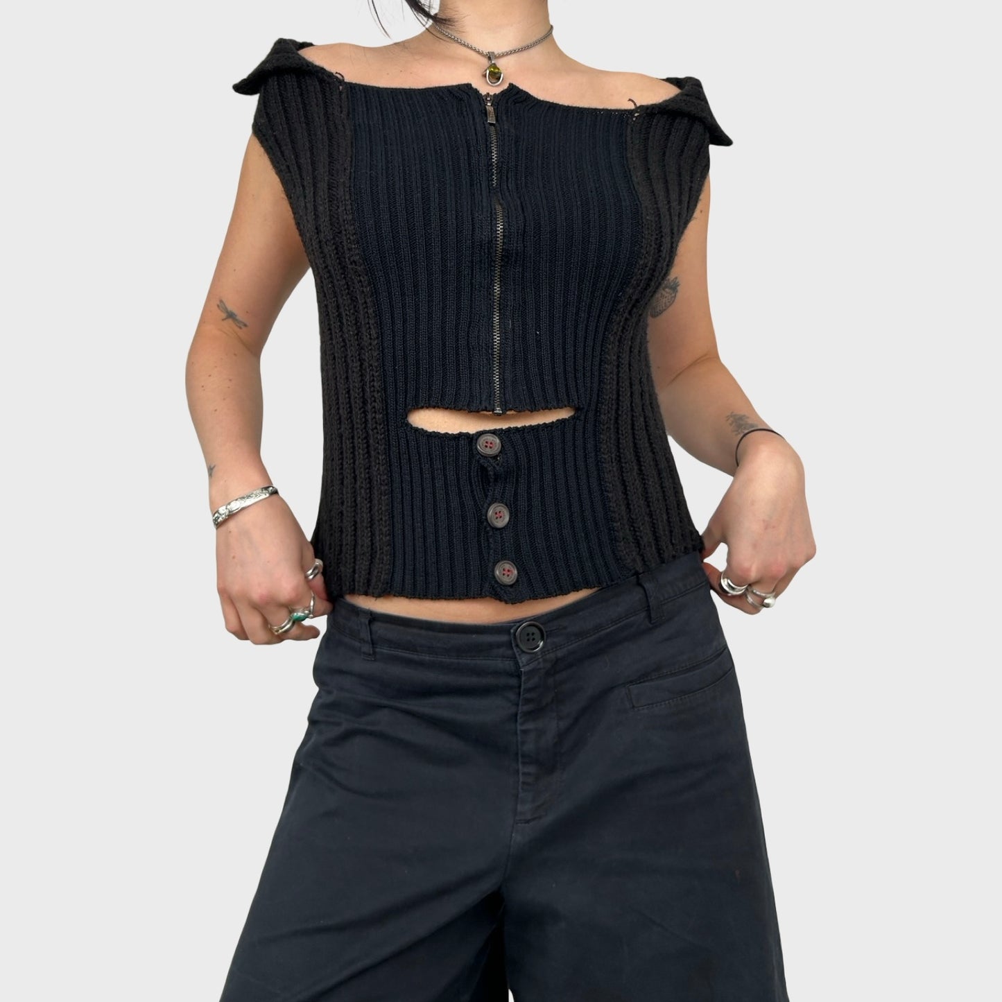 Cop Copine Off The Shoulder Black Knit Zip Top - M