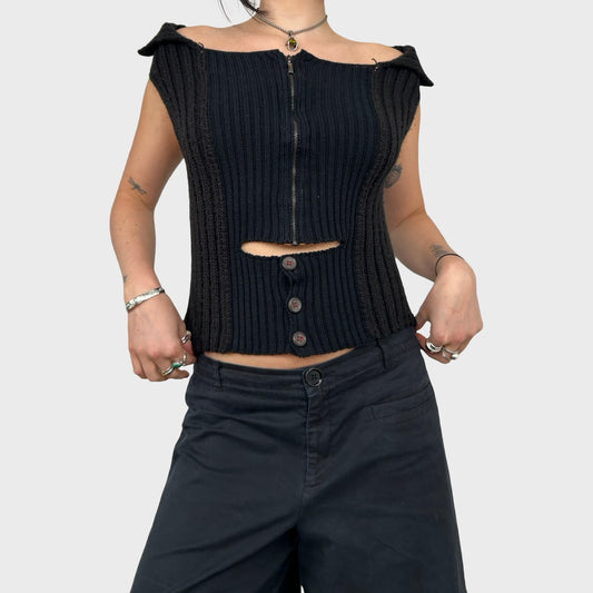 Cop Copine Off The Shoulder Black Knit Zip Top - M