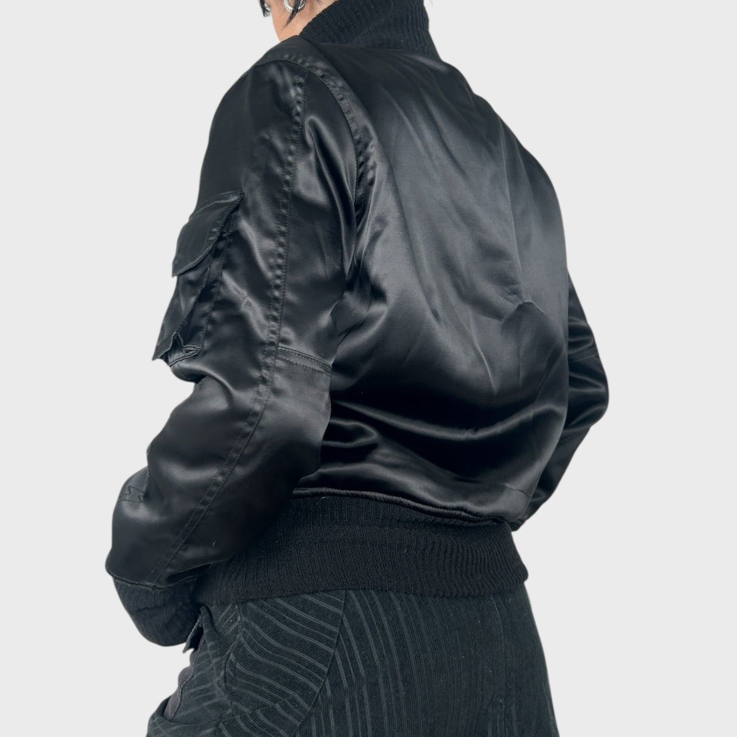 Black Satin-Look Bomber Jacket - L