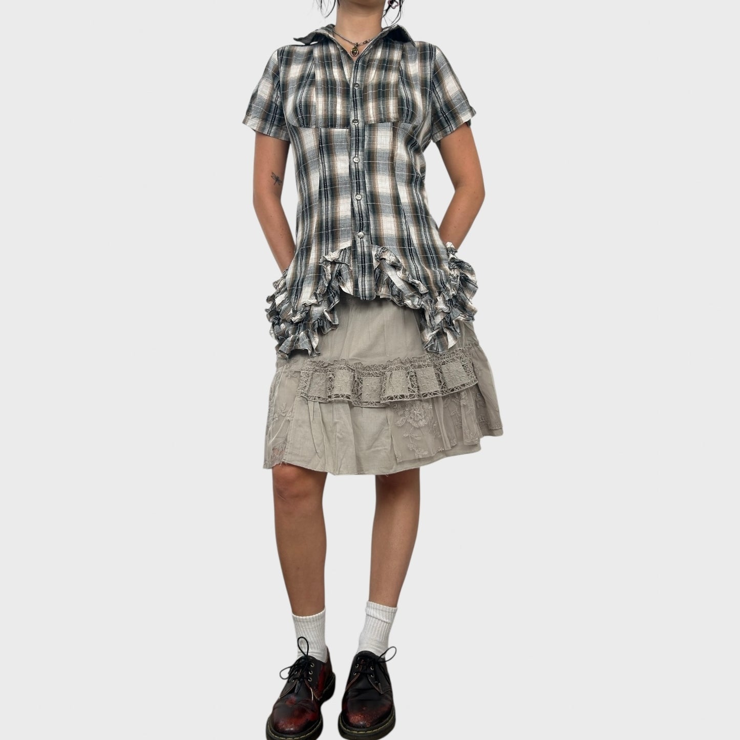 Checked Frilly Button-Up Blouse - S