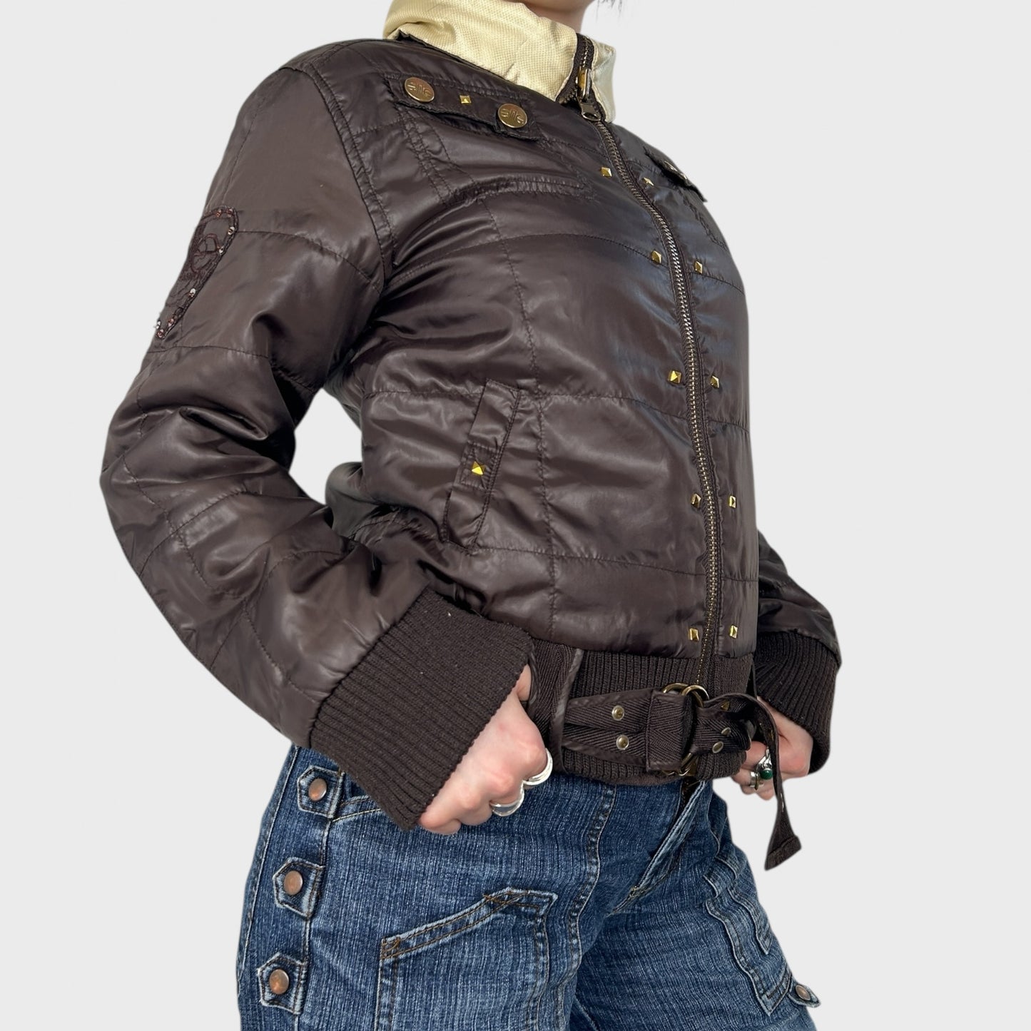 Reversible Brown & Beige Stud Bomber Jacket - S/M