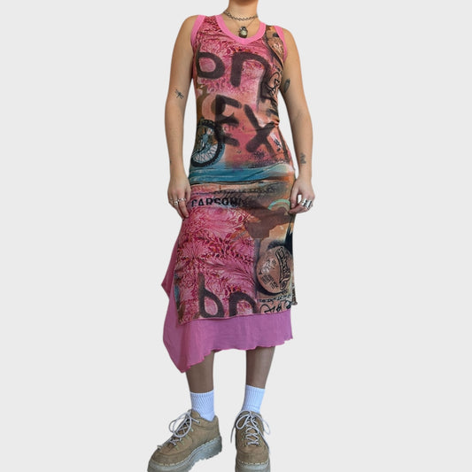 Pink Graphic Vintage Mesh Midi Dress