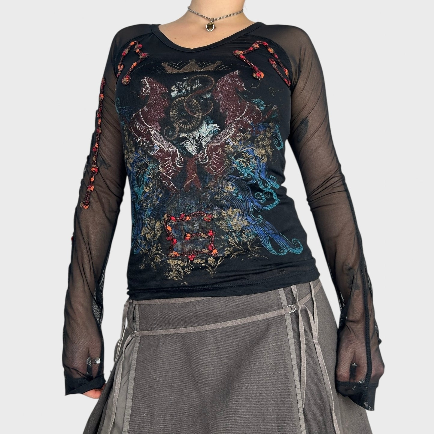 Save the Queen Black Graphic Mesh Long Sleeve Top - S