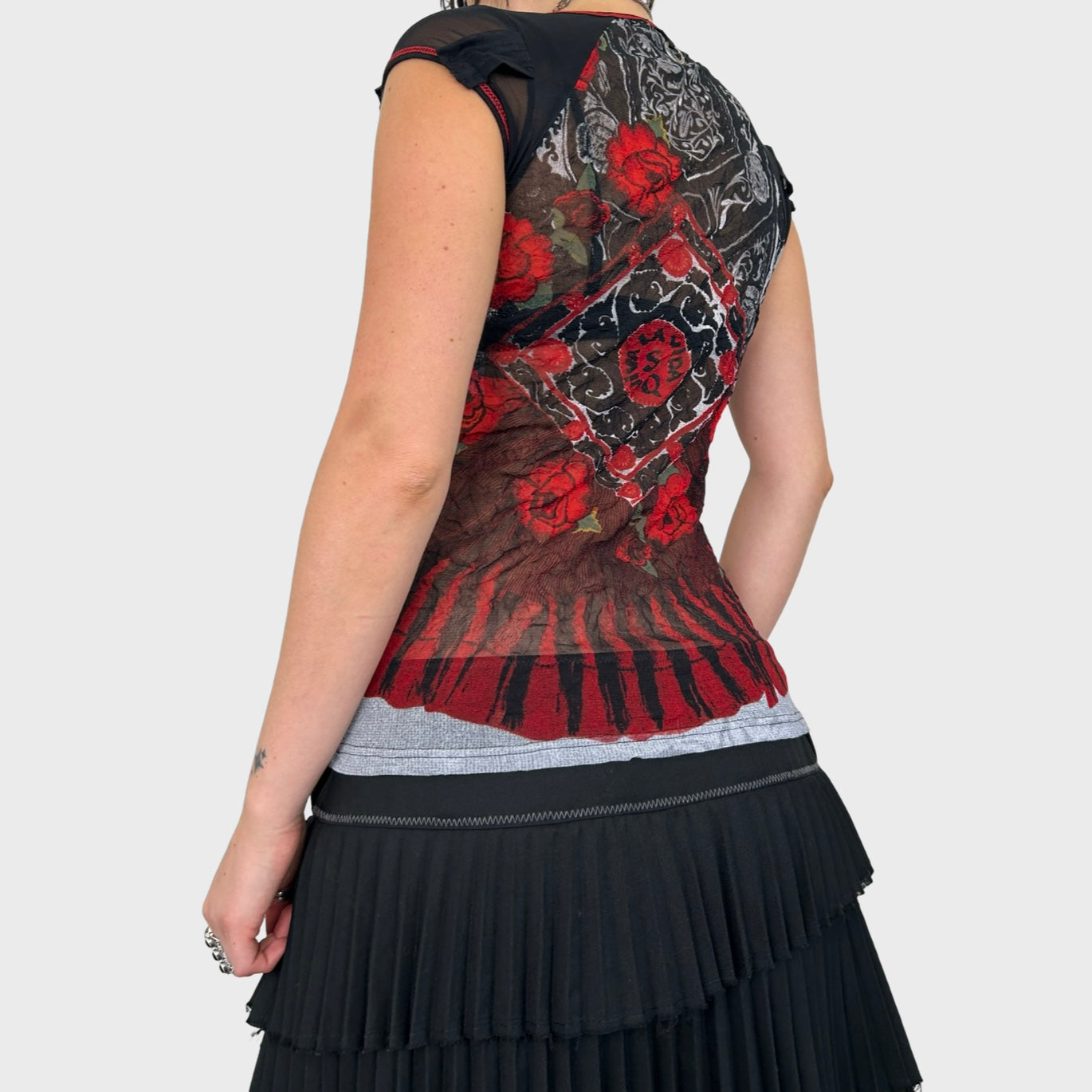Save The Queen Red Graphic Mesh Short Sleeve Top - S