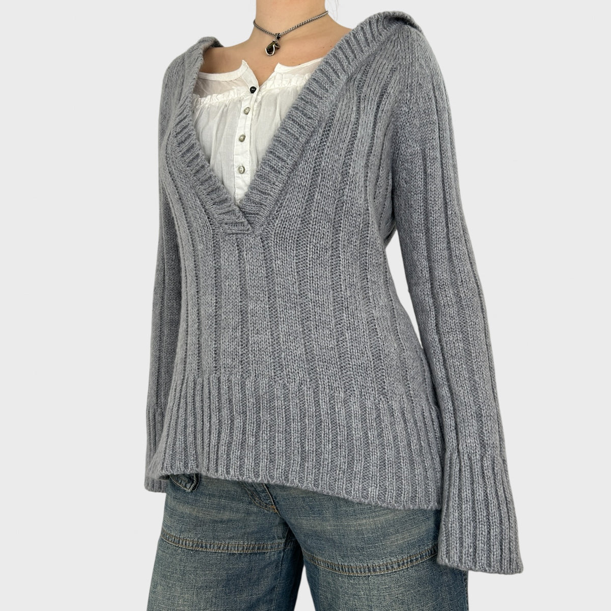 Cop Copine Grey Ribbed Knit Hooded Jumper - M