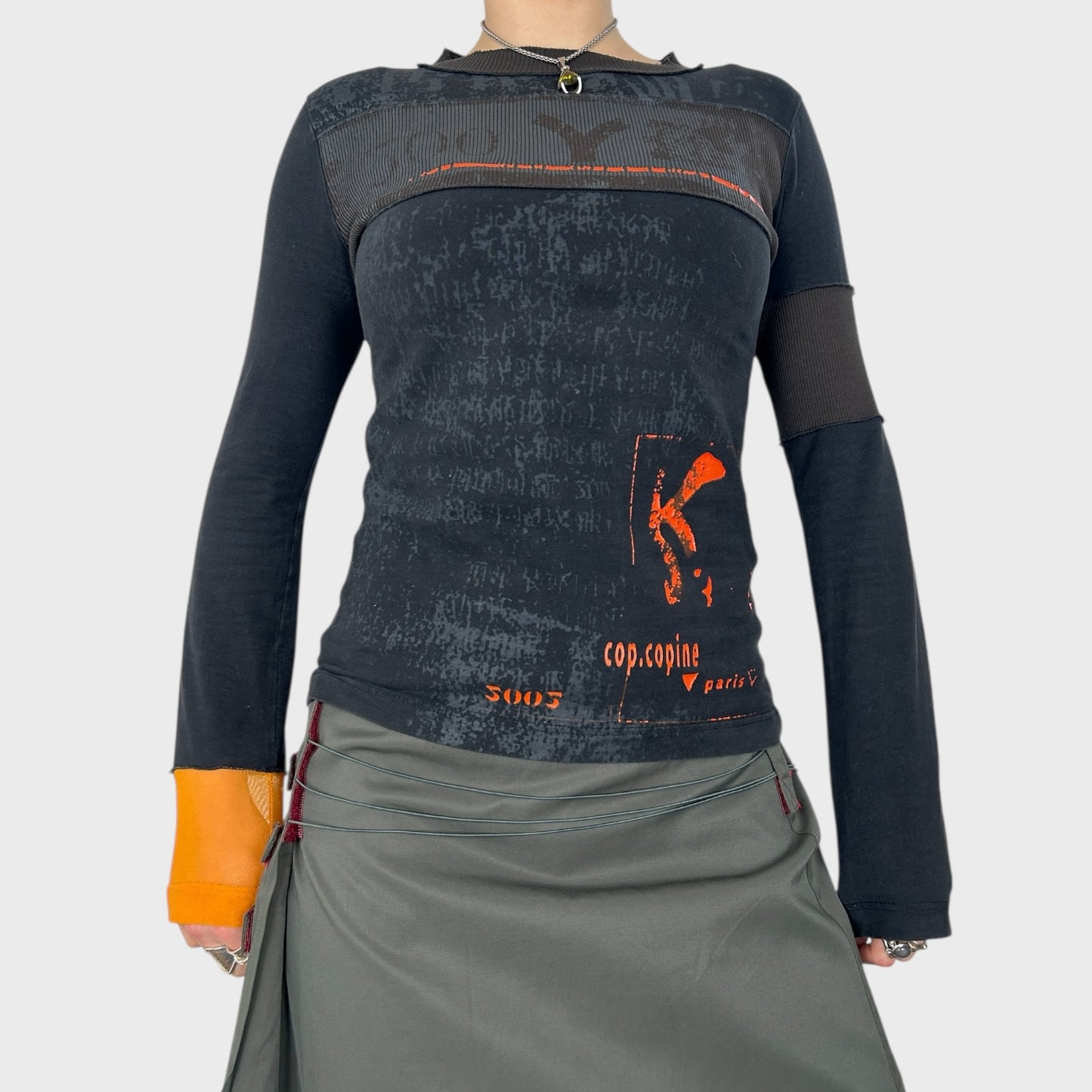 Cop Copine Grey & Orange Graphic Long Sleeve Top - S