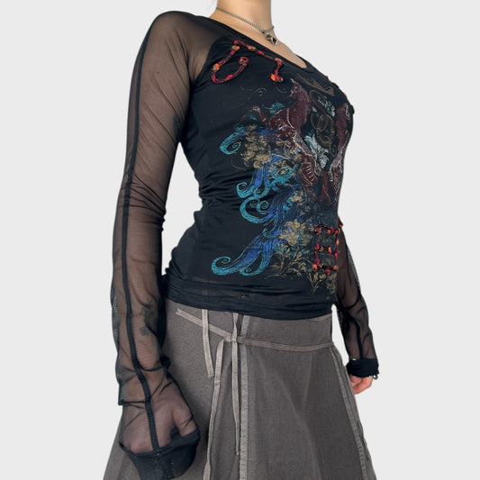 Save the Queen Black Graphic Mesh Long Sleeve Top - S