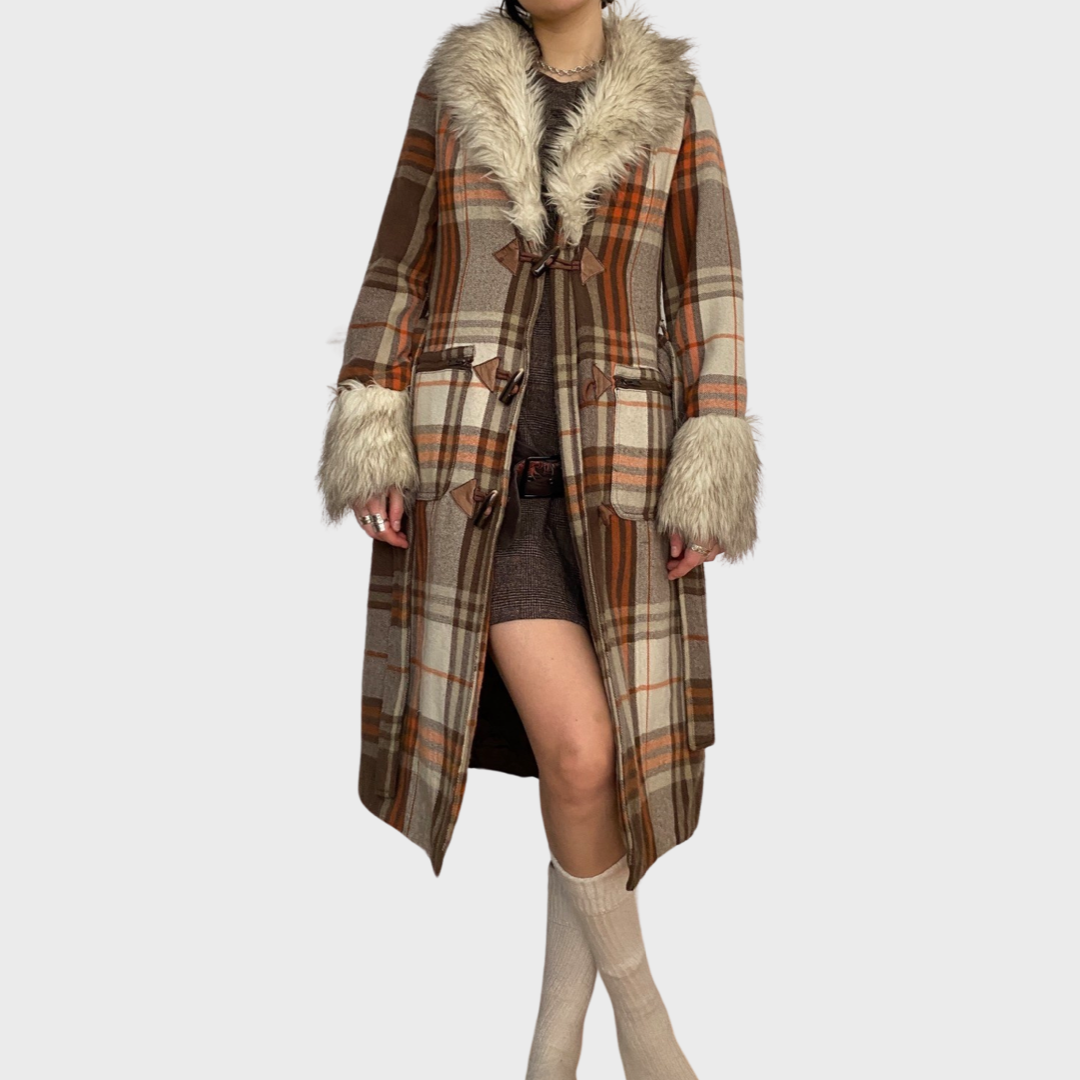 Vintage tartan coat with faux fur trim