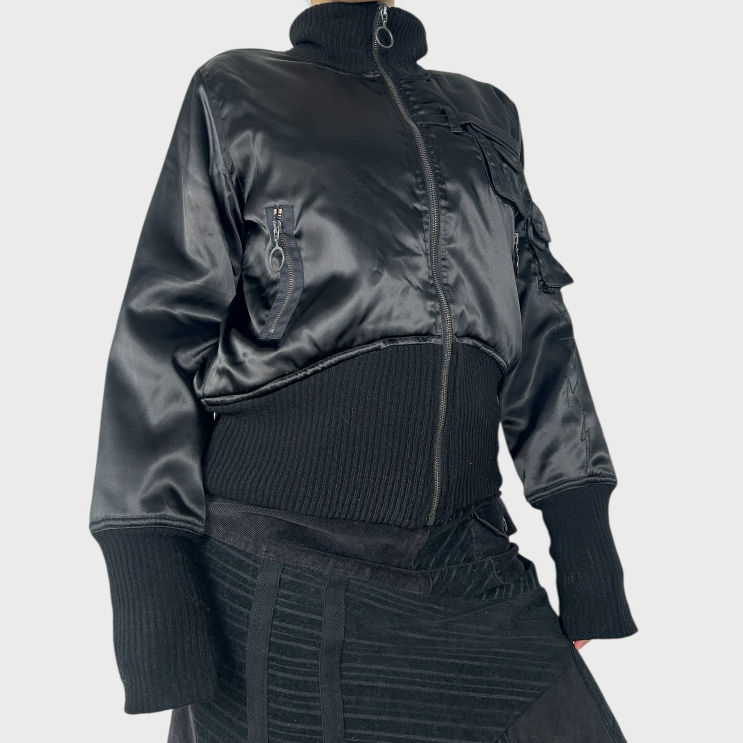 Black Satin-Look Bomber Jacket - L