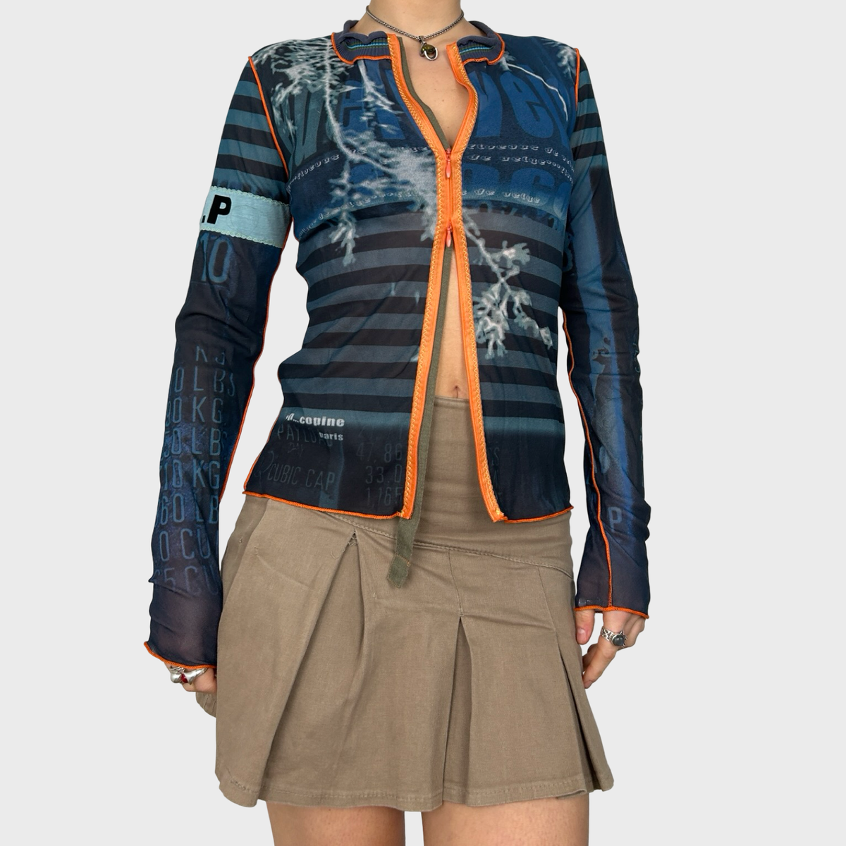 Cop Copine Graphic Mesh Double Zip Long Sleeve Top - M