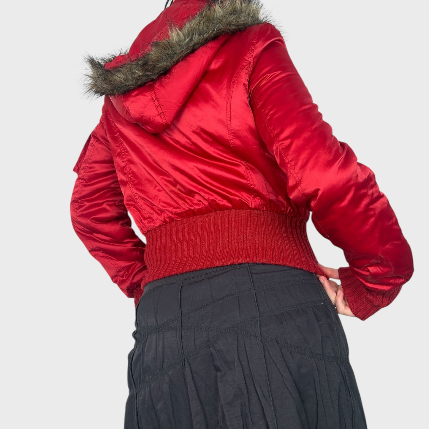 Red Cropped Bomber Jacket with Faux Fur Hood - S