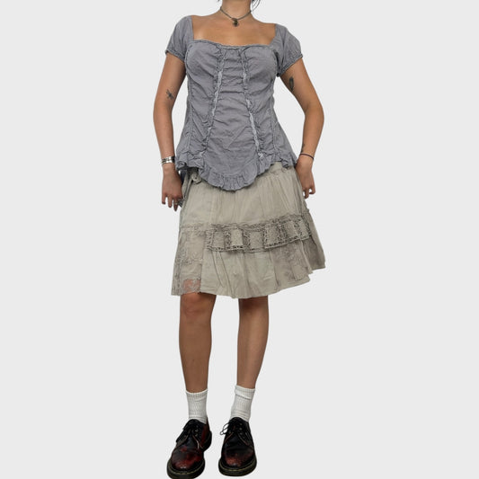 Beige Frilly Lace Midi Skirt - M