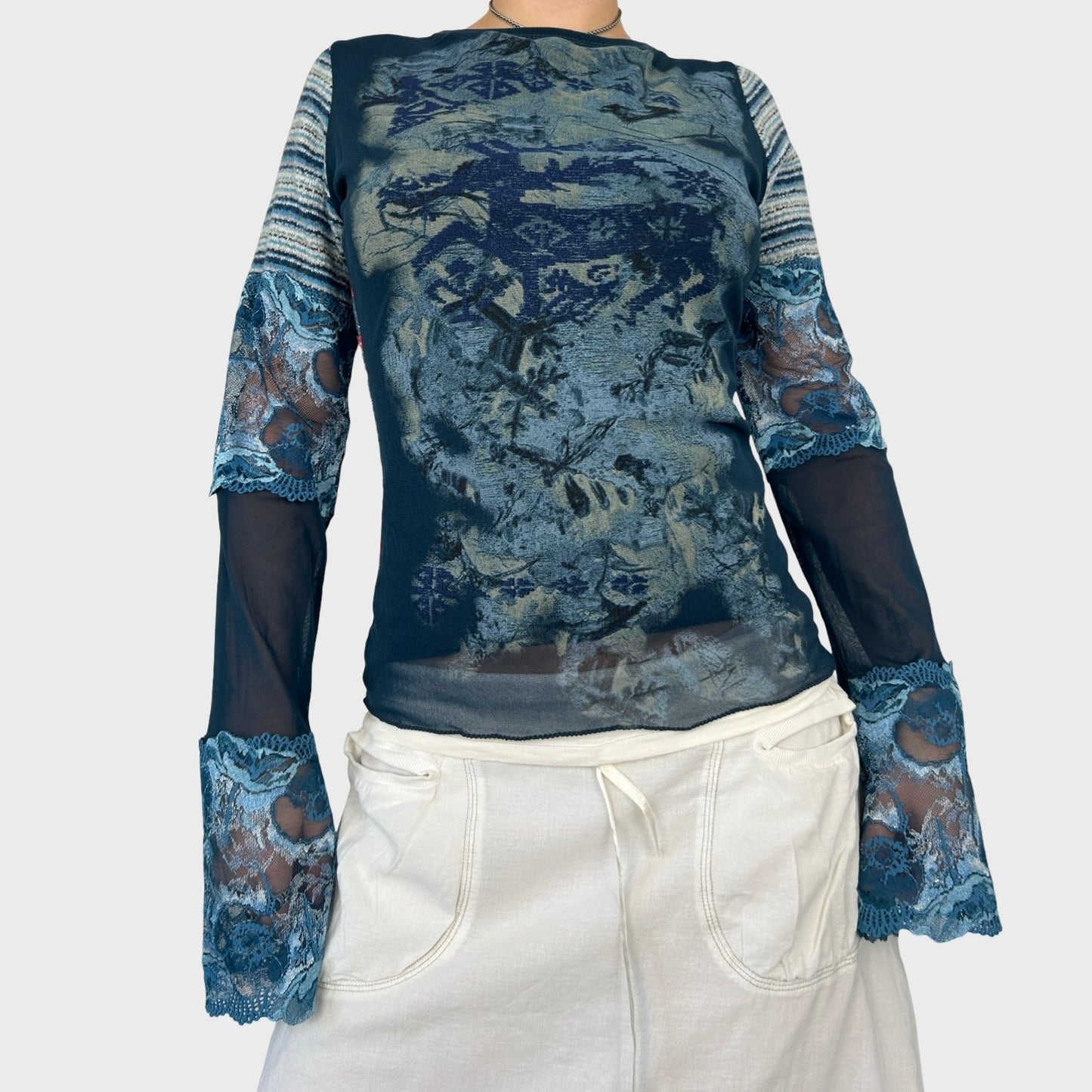 Save The Queen Graphic Mesh Long Sleeve Top - M