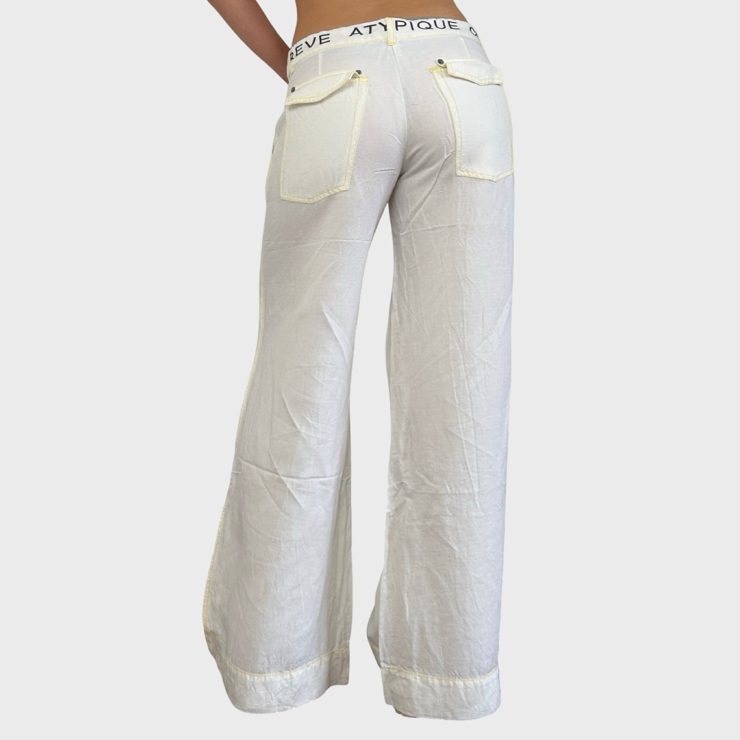 Cop Copine White & Yellow Wide Leg Linen Trousers - L