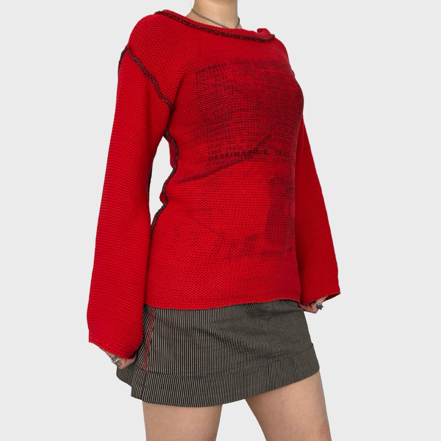 Cop Copine Red Graphic Chunky Knit Jumper - M