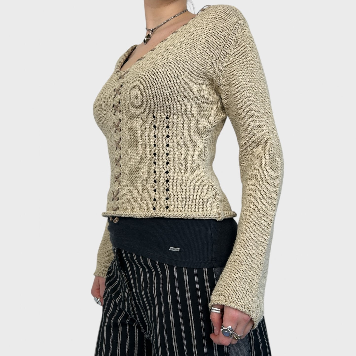 Roberto Cavalli Beige Knit Lace-Up Jumper - S