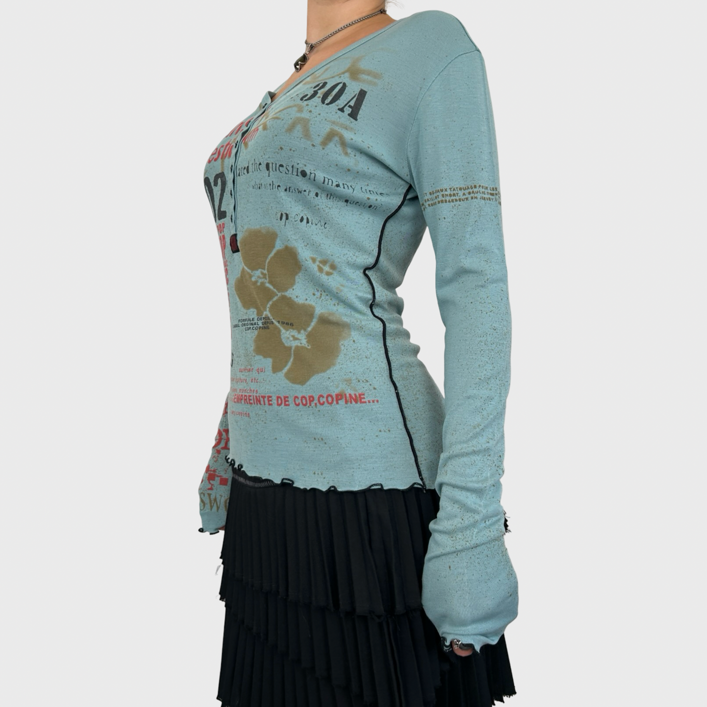 Cop Copine Blue Graphic Button Long Sleeve - M