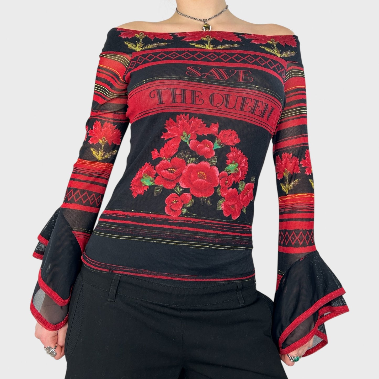 Save The Queen Rose Mesh Long Sleeve Top - M