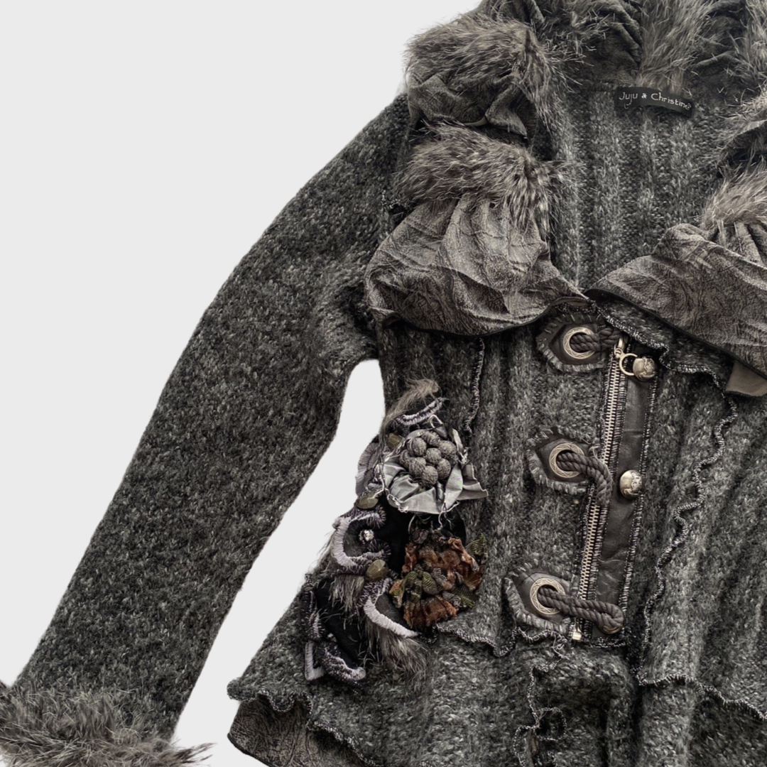 Whimsical goth grey faux fur collar knit cardigan