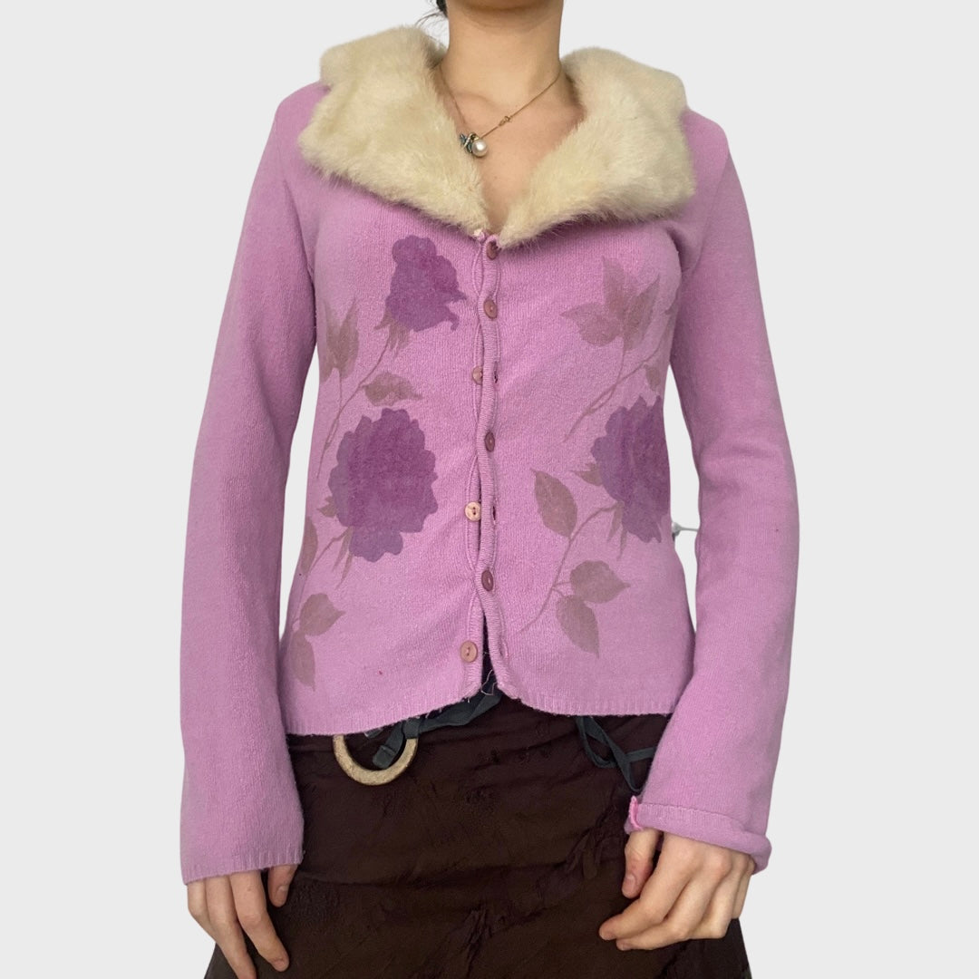 Italian vintage lilac fur trim cardigan
