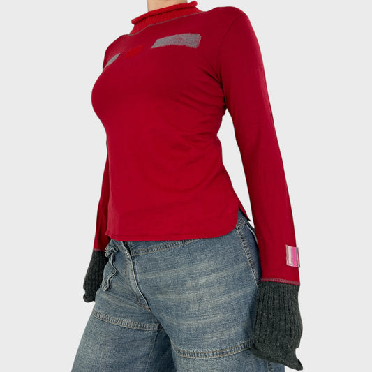 Cop Copine Red Bi-Material Graphic Long Sleeve - S