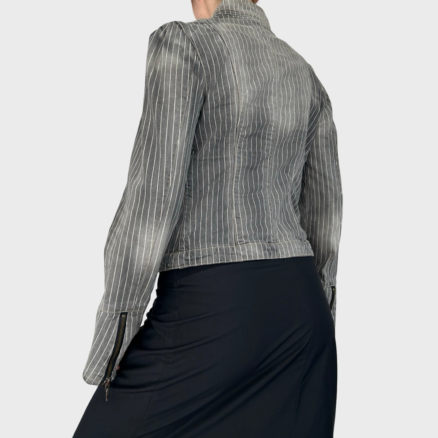 Vintage Grey Faded Striped Denim Jacket - M