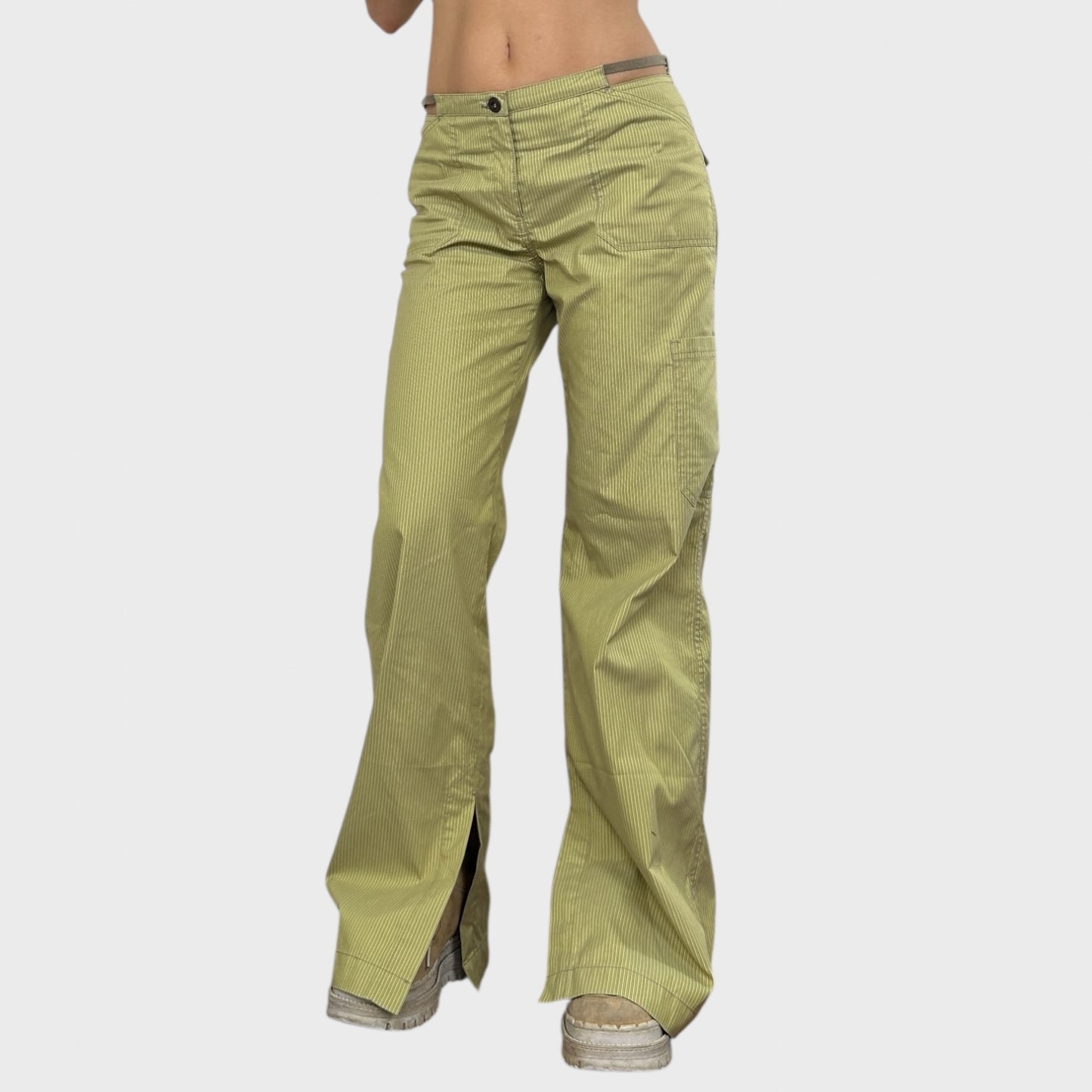 Cop Copine Green Striped Wide Leg Logo Trousers - M/L