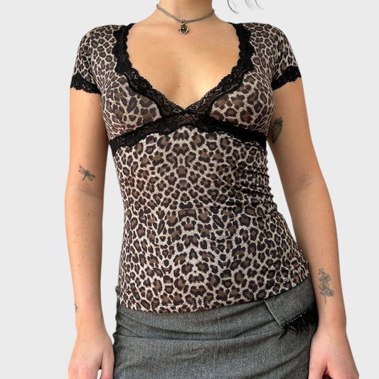 Roberto Cavalli Leopard Print Lace Trim Top