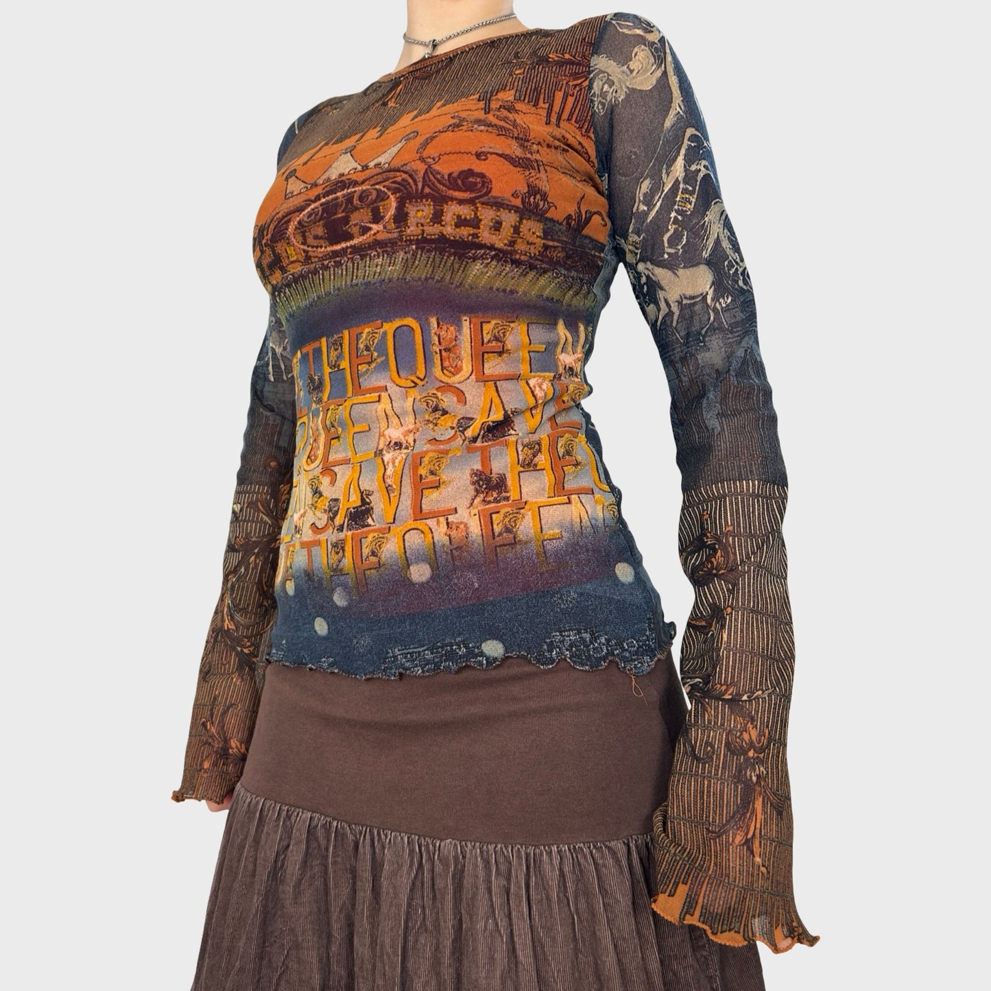 Save The Queen Graphic Mesh Long Sleeve Top - S/M