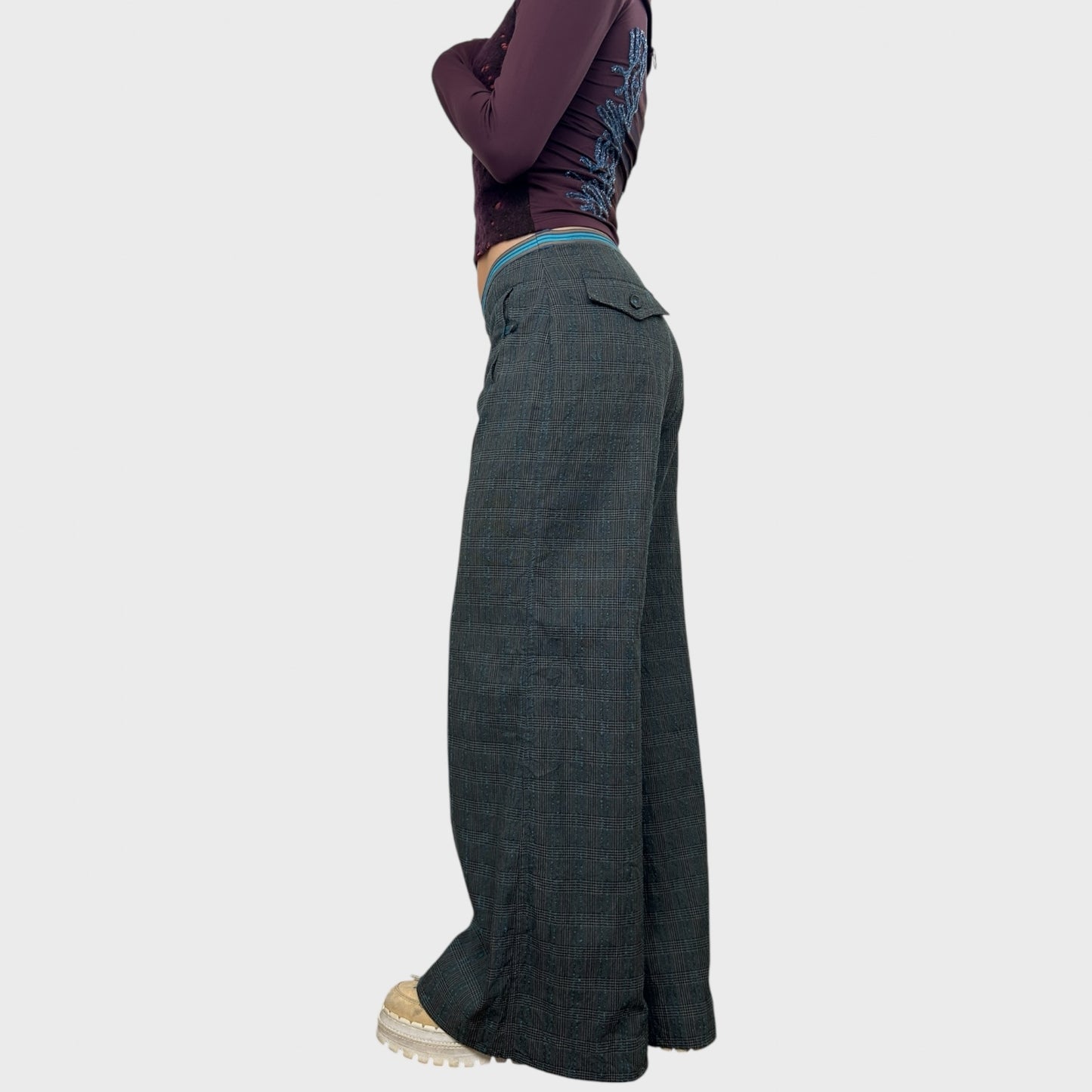 Cop Copine Grey and Blue Wide Leg Trousers - S/M
