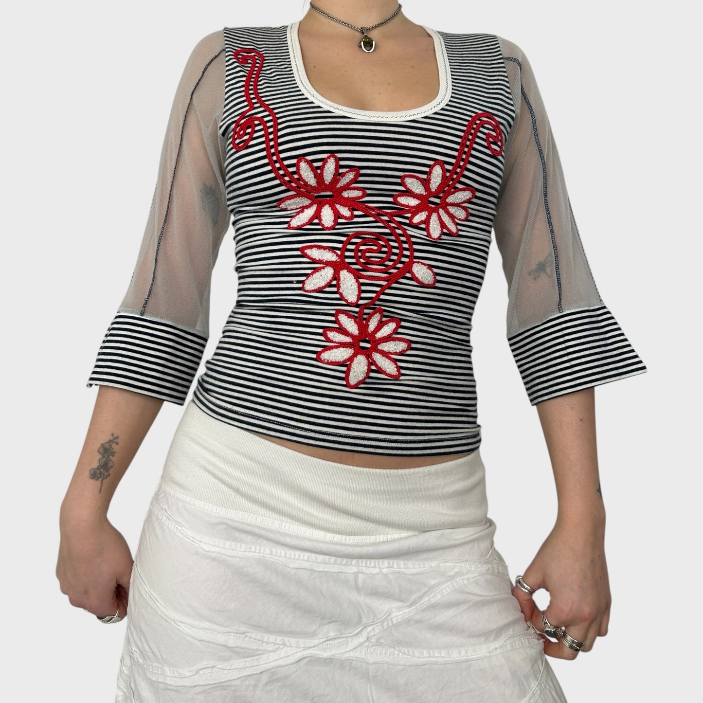 Save The Queen Bi-Material Graphic Stripe Top - S