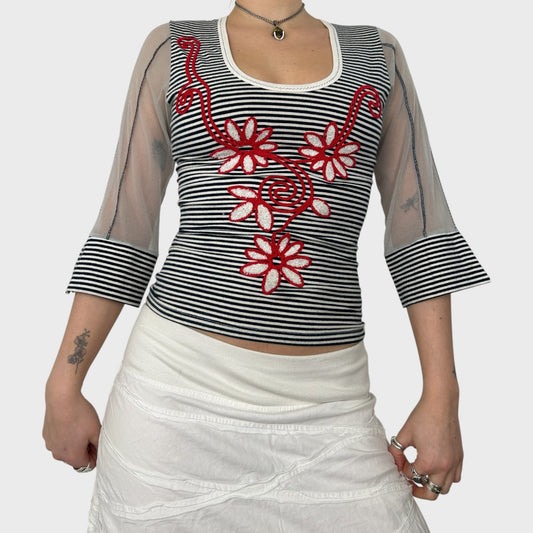 Save The Queen Bi-Material Graphic Stripe Top - S