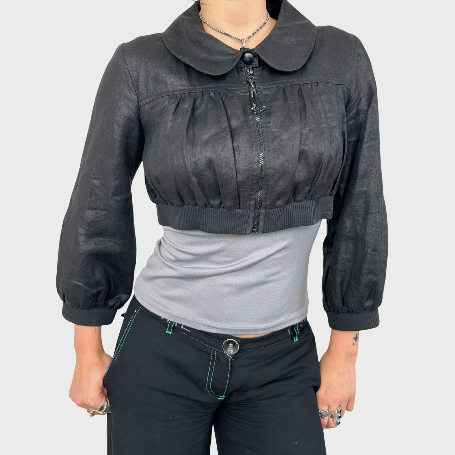 Cop Copine Cropped Linen Zip Up Jacket - M