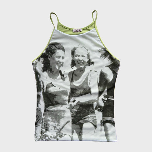 Vintage Green Graphic Mesh Overlay Cami Top - S