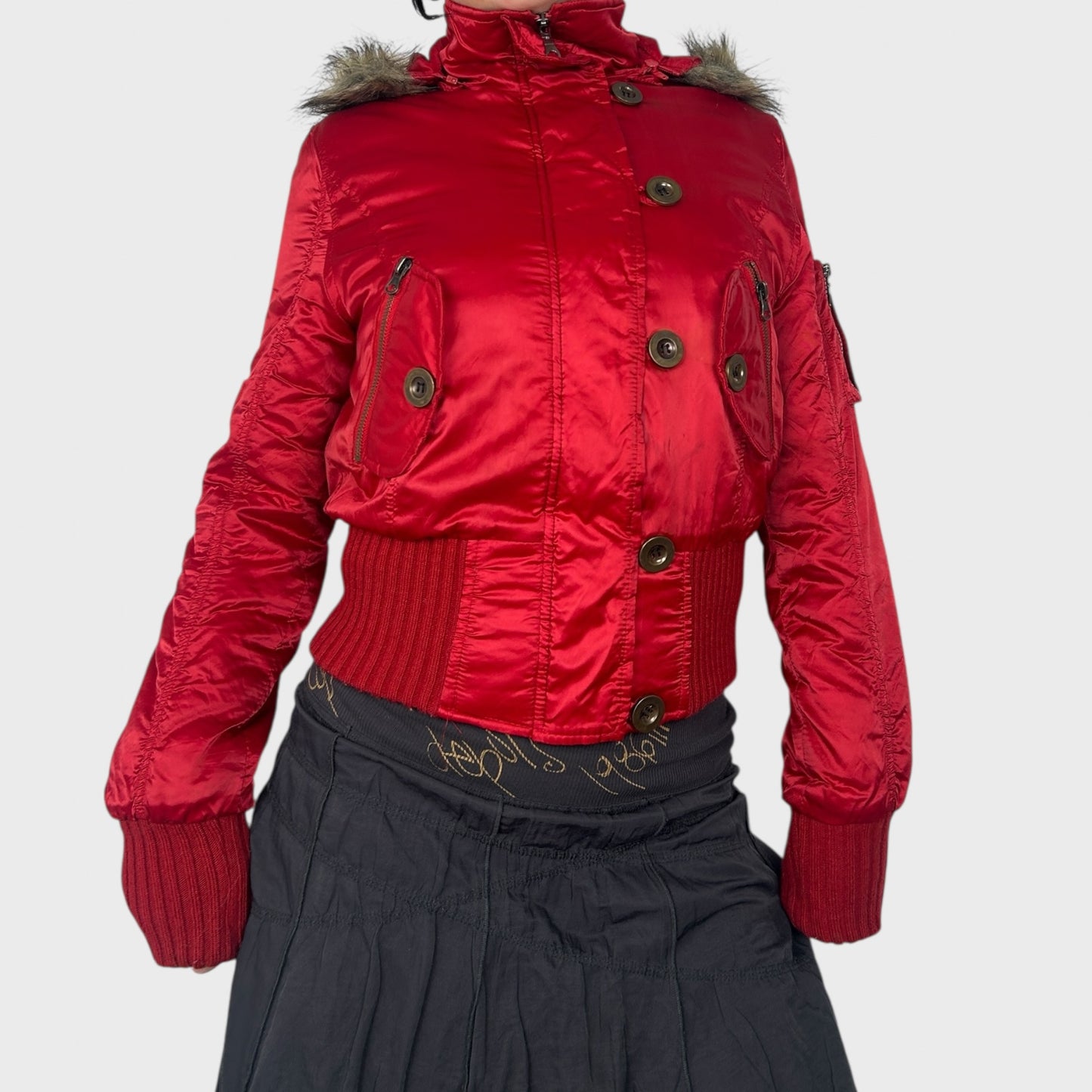 Red Cropped Bomber Jacket with Faux Fur Hood - S