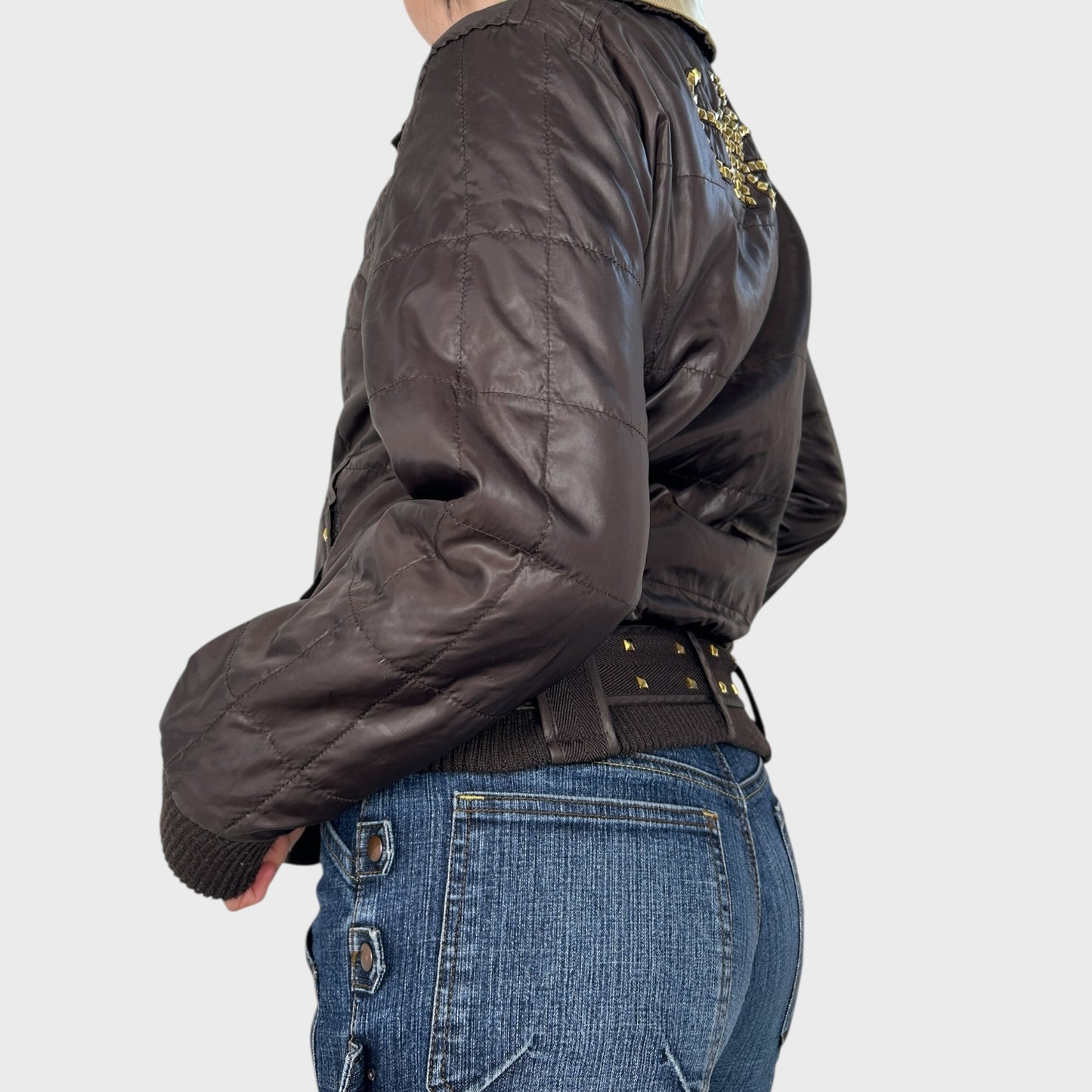 Reversible Brown & Beige Stud Bomber Jacket - S/M