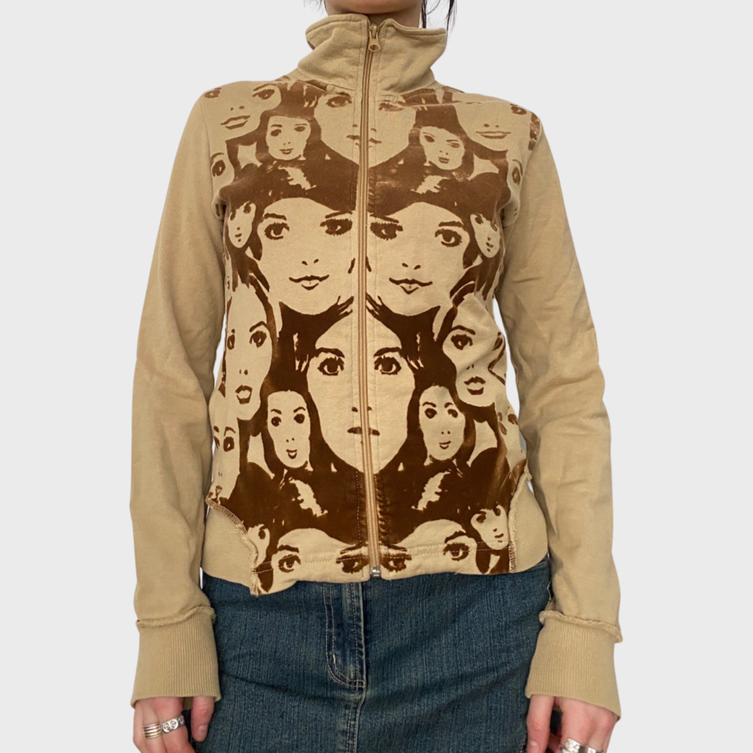 Vintage face motif zip up jumper