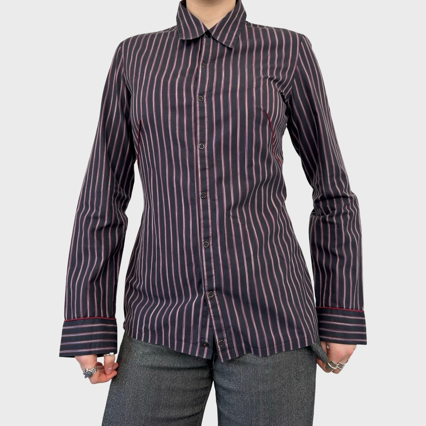 Cop Copine Striped Graphic Button-Up Shirt - S
